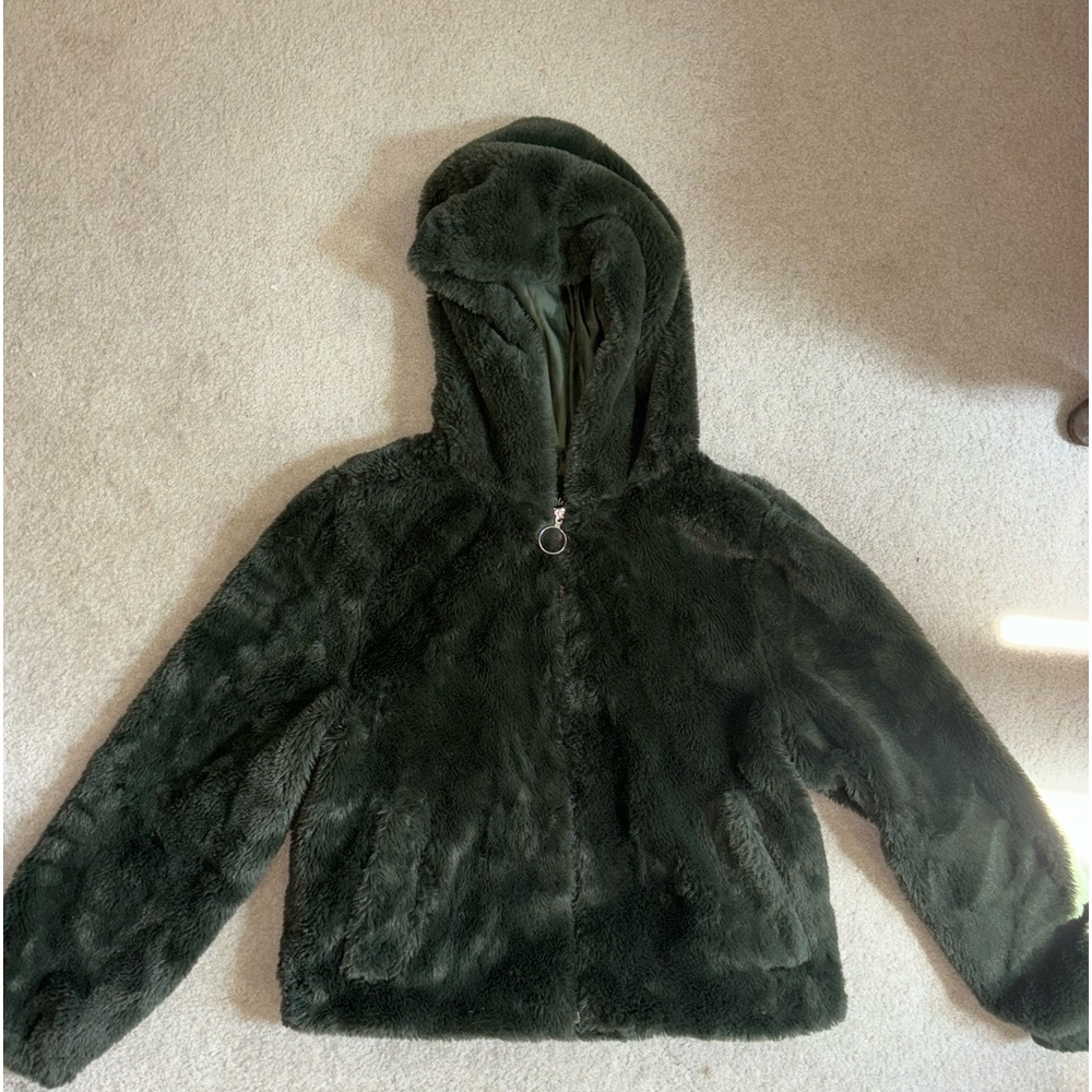 XL Cropped Dark Green Fuzzy Jacket
